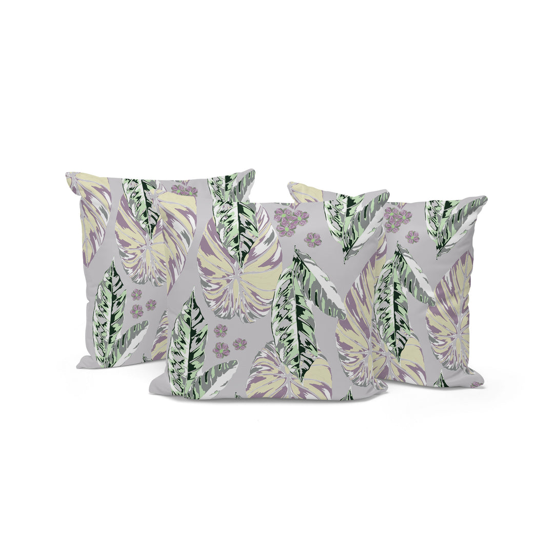 Set of Three 16" X 16" Gray and Purple Botanical Indoor Outdoor Throw Pillow