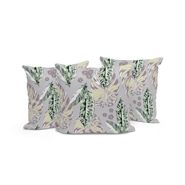 Set of Three 16" X 16" Gray and Purple Botanical Indoor Outdoor Throw Pillow