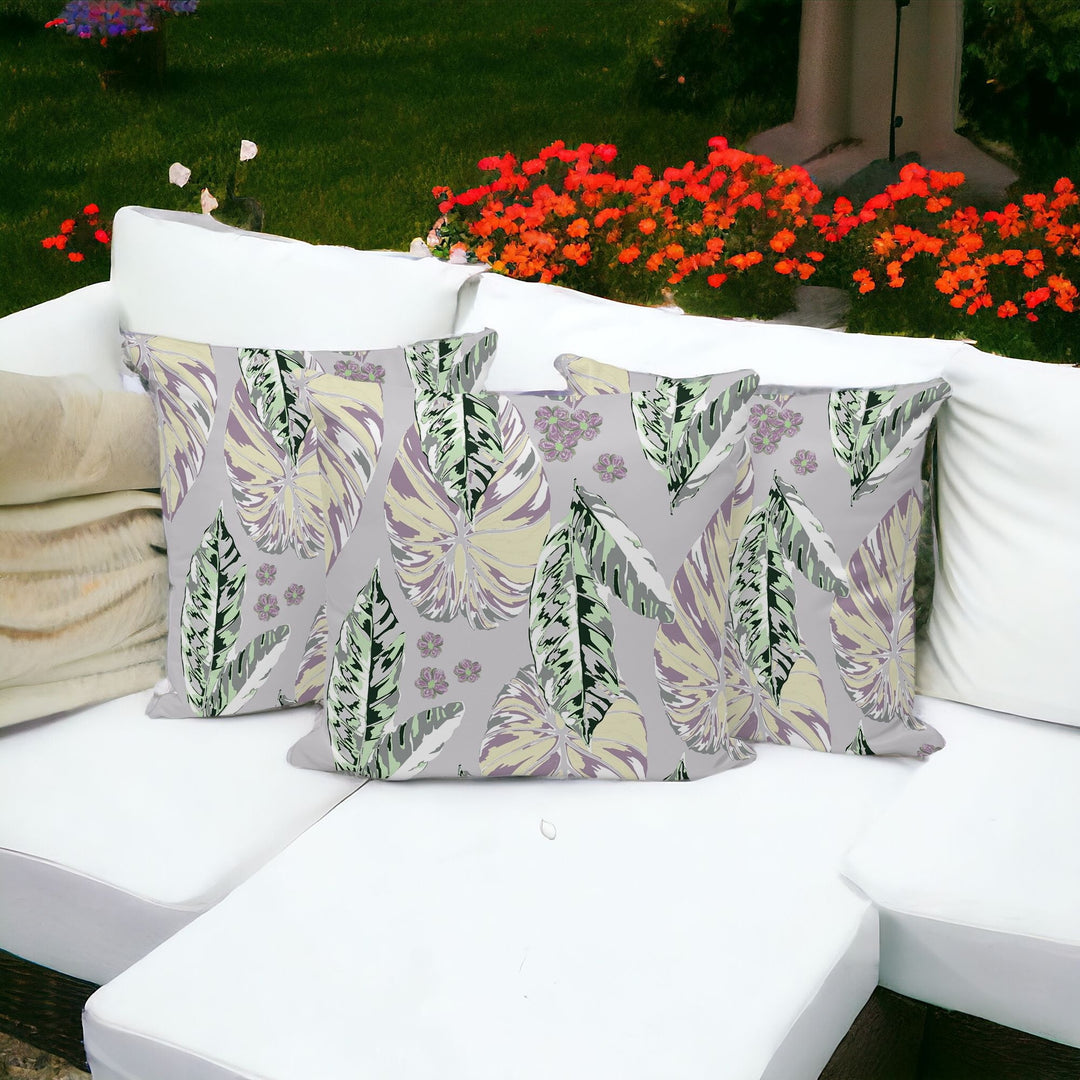 Set of Three 16" X 16" Gray and Purple Botanical Indoor Outdoor Throw Pillow