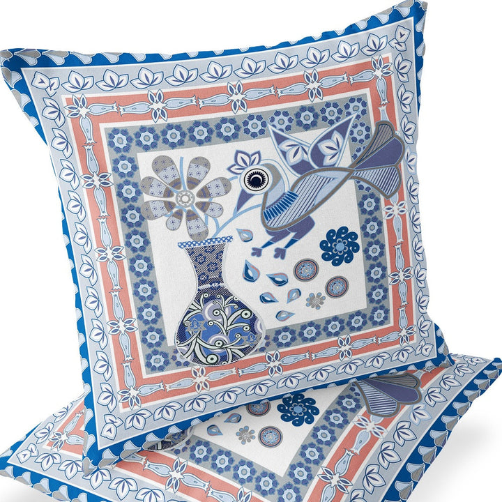 Set of Two 16" X 16" Blue and Gray Peacock Blown Seam Floral Indoor Outdoor Throw Pillow