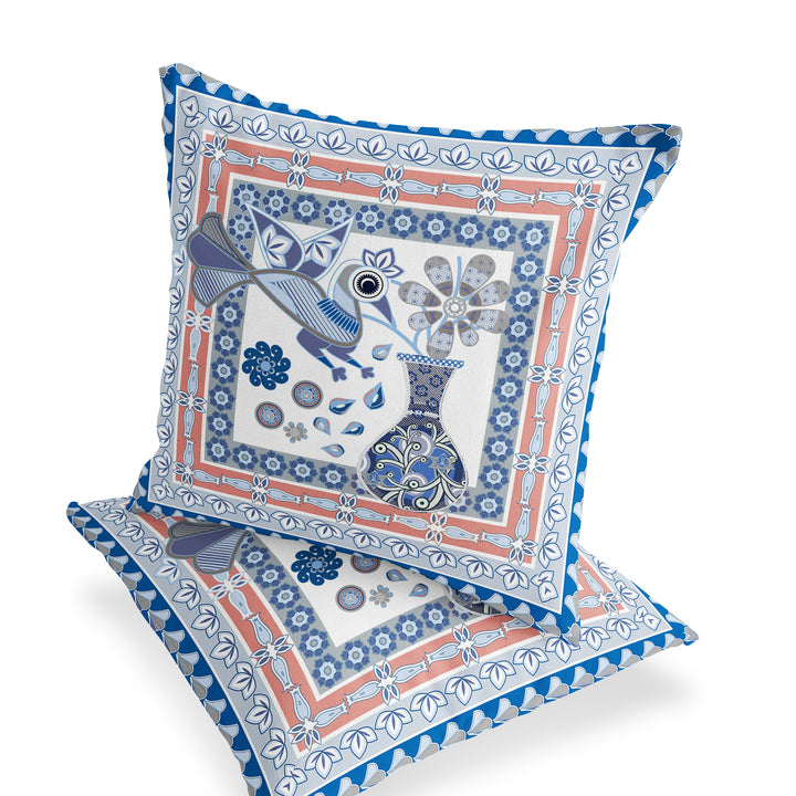 Set of Two 16" X 16" Blue and Gray Peacock Blown Seam Floral Indoor Outdoor Throw Pillow