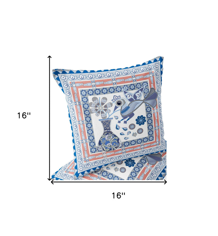 Set of Two 16" X 16" Blue and Gray Peacock Blown Seam Floral Indoor Outdoor Throw Pillow