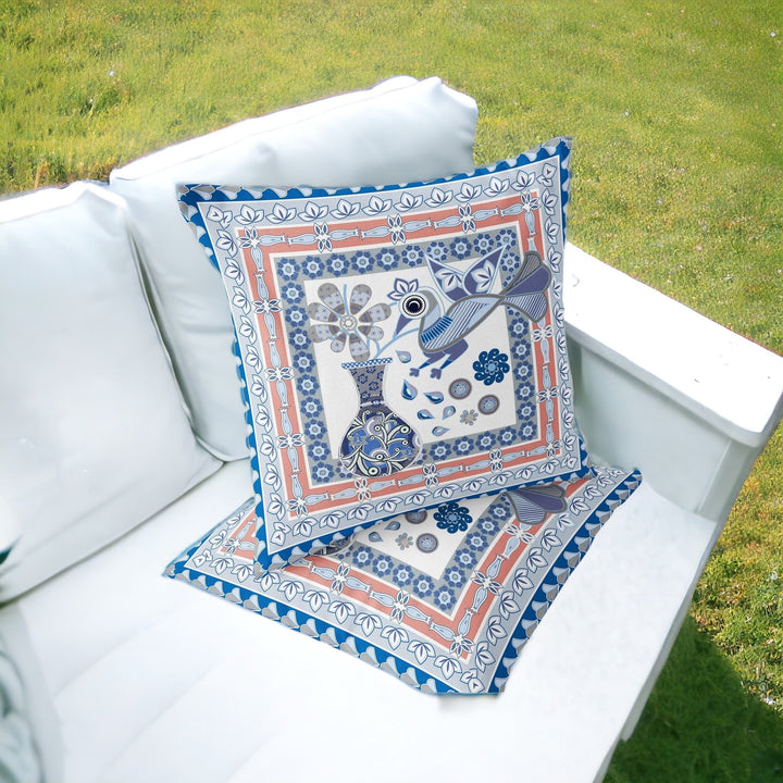 Set of Two 16" X 16" Blue and Gray Peacock Blown Seam Floral Indoor Outdoor Throw Pillow