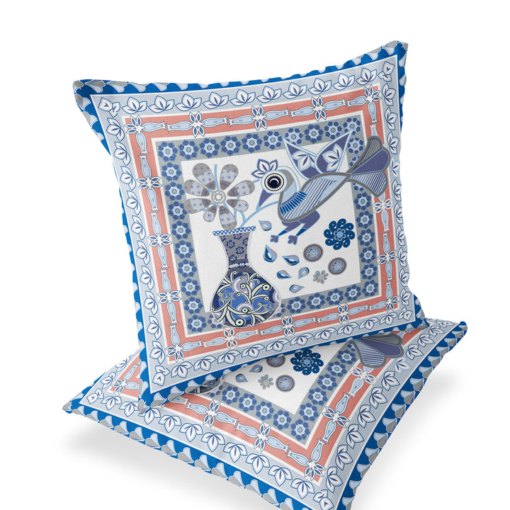 Set of Two 16" X 16" Blue and Gray Peacock Blown Seam Floral Indoor Outdoor Throw Pillow