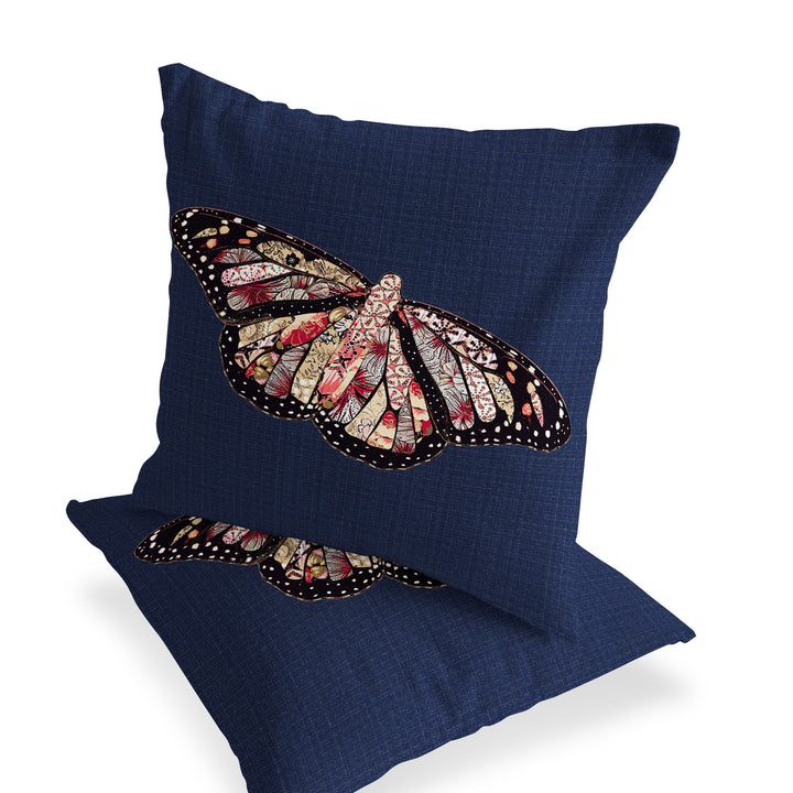 Set of Two 16" X 16" Blue Butterfly Blown Seam Indoor Outdoor Throw Pillow