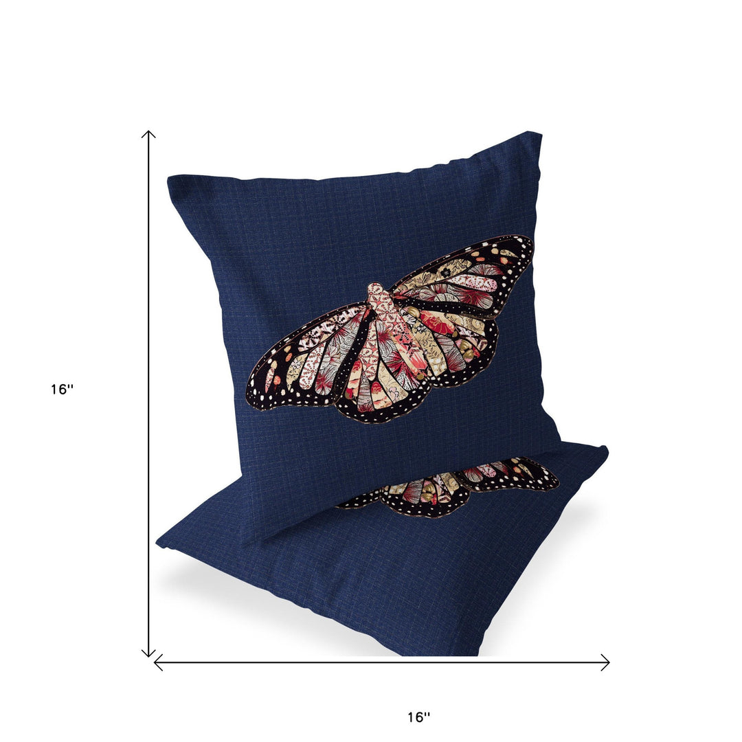 Set of Two 16" X 16" Blue Butterfly Blown Seam Indoor Outdoor Throw Pillow