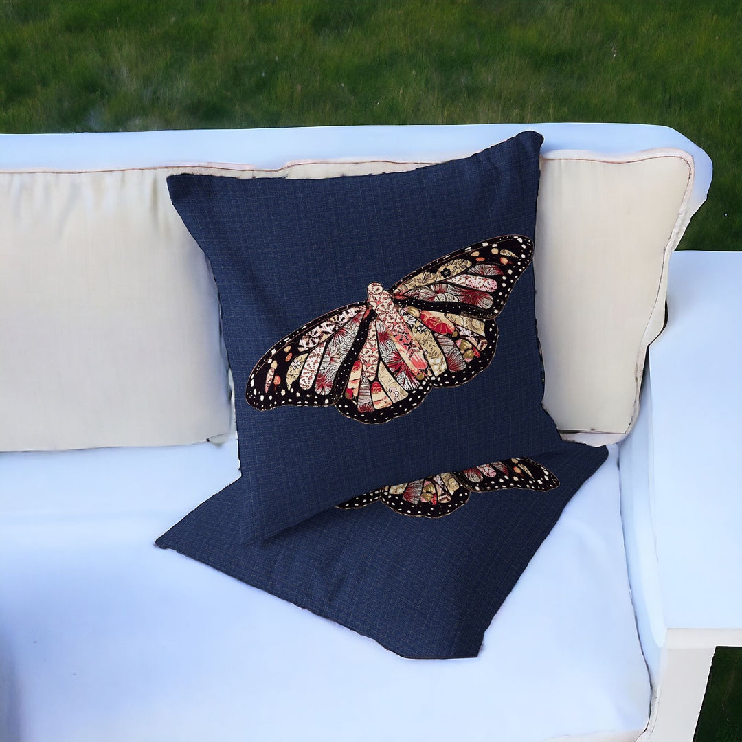 Set of Two 16" X 16" Blue Butterfly Blown Seam Indoor Outdoor Throw Pillow