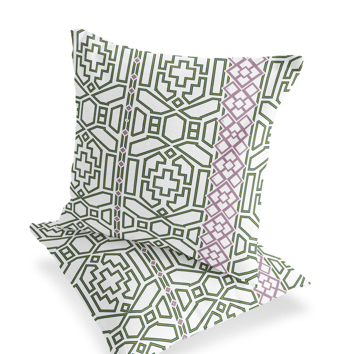 Set of Two 16" X 16" Green and White Blown Seam Geometric Indoor Outdoor Throw Pillow