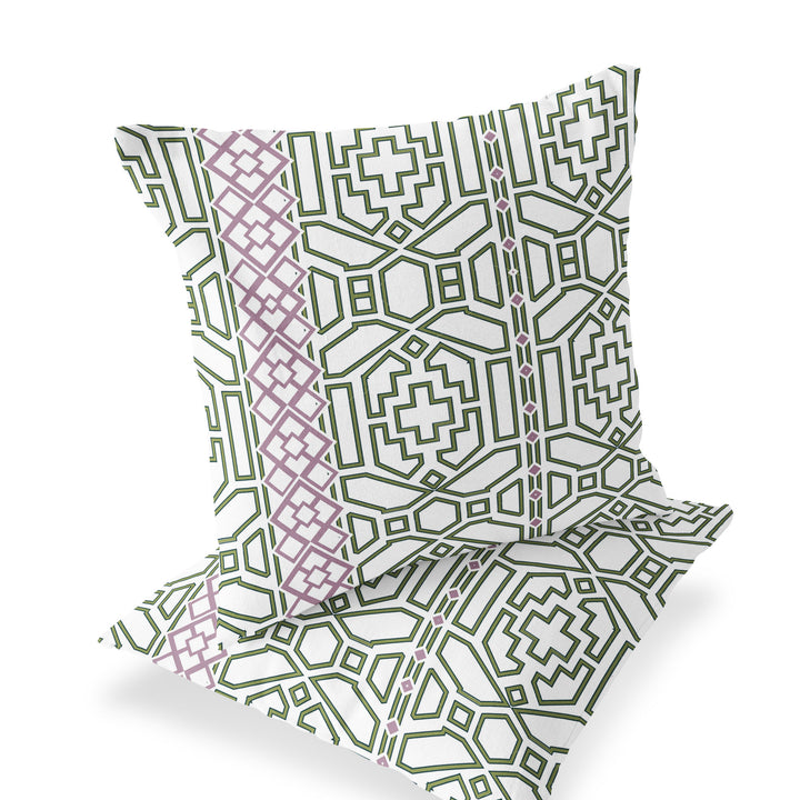 Set of Two 16" X 16" Green and White Blown Seam Geometric Indoor Outdoor Throw Pillow