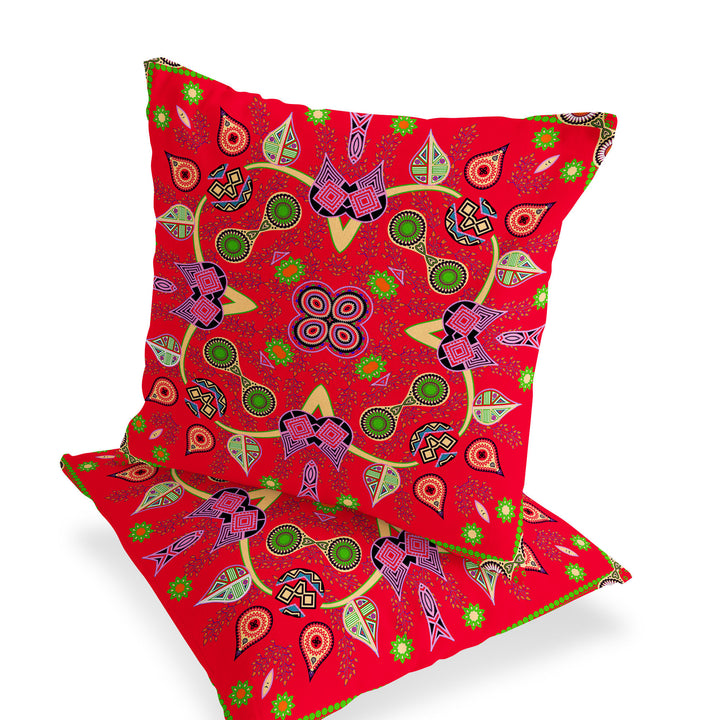 Set of Two 16" X 16" Green and Red Blown Seam Paisley Indoor Outdoor Throw Pillow