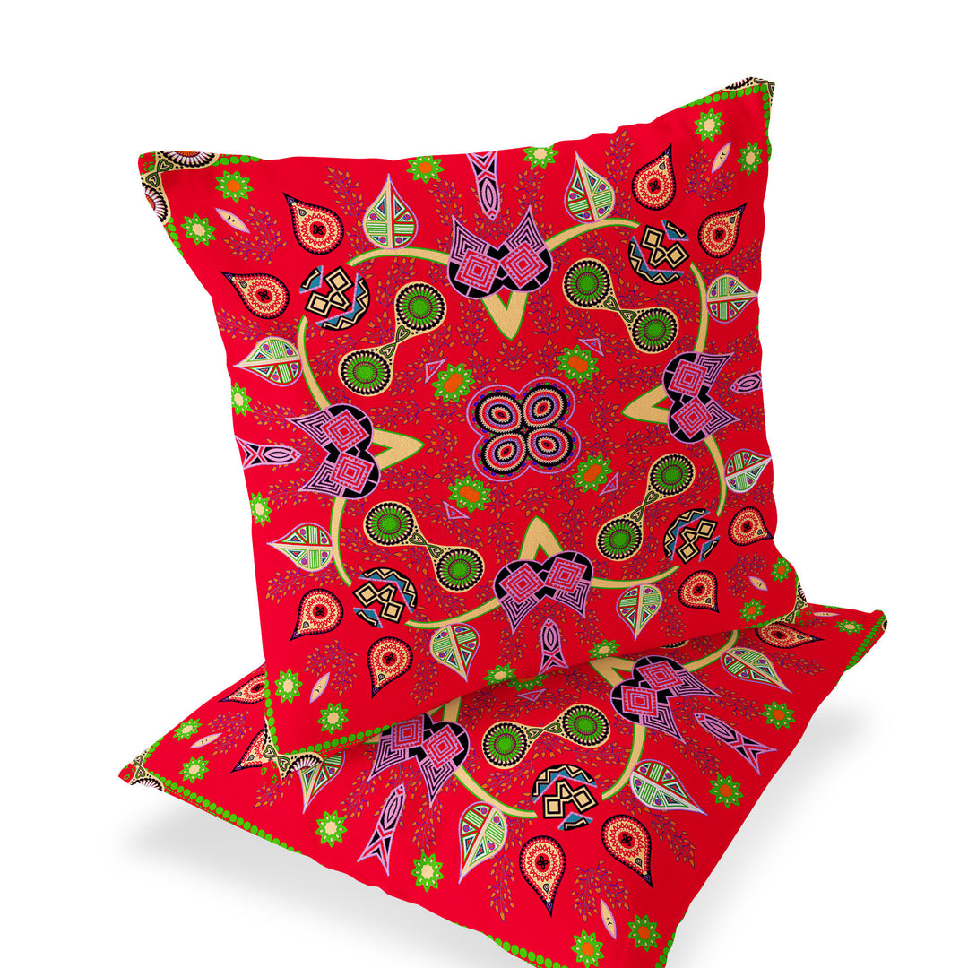 Set of Two 16" X 16" Green and Red Blown Seam Paisley Indoor Outdoor Throw Pillow