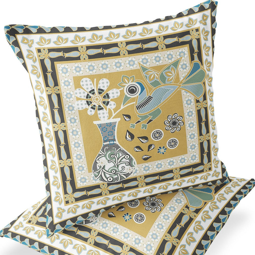 Set of Two 16" X 16" Beige and White Peacock Blown Seam Floral Indoor Outdoor Throw Pillow