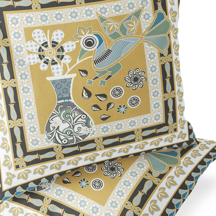 Set of Two 16" X 16" Beige and White Peacock Blown Seam Floral Indoor Outdoor Throw Pillow