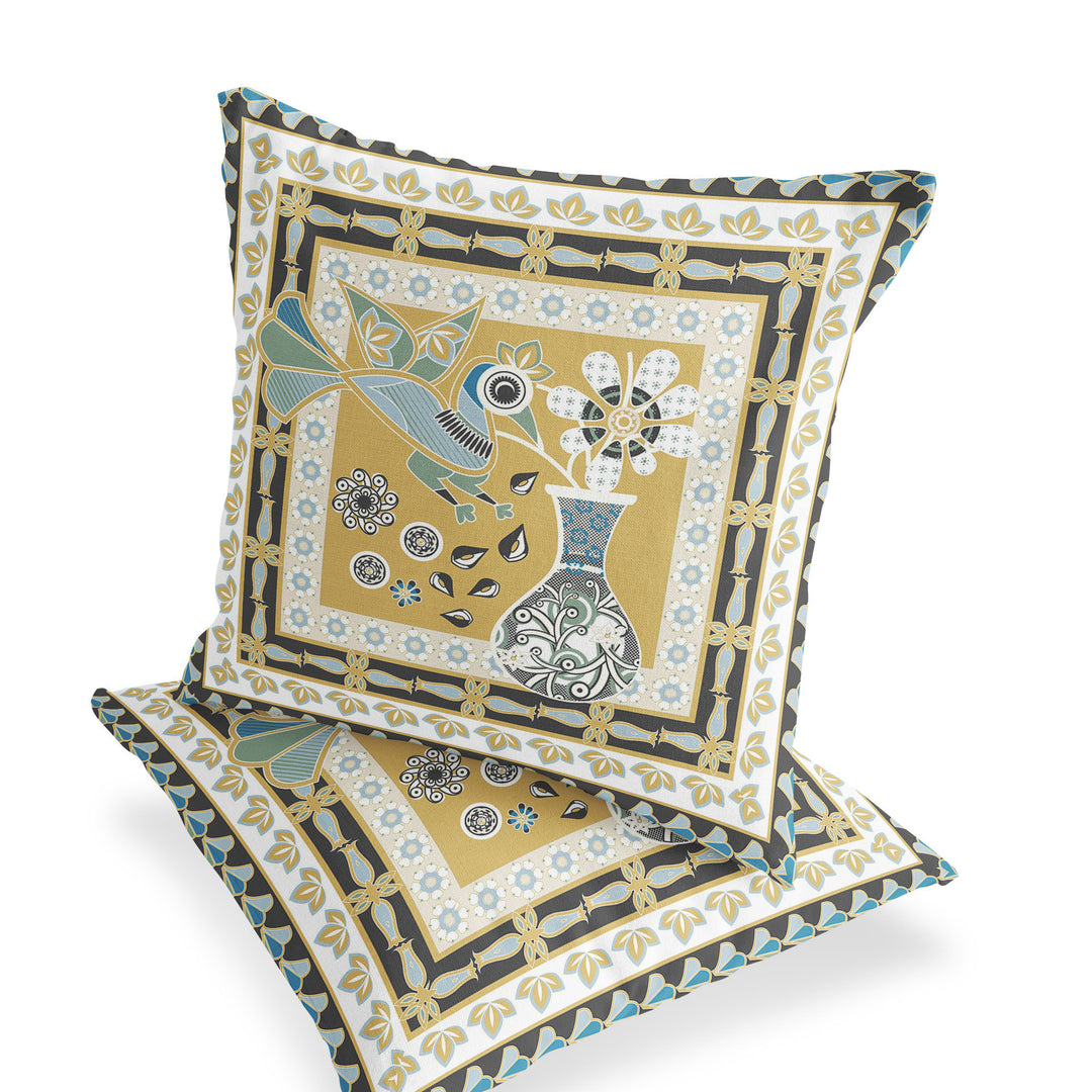 Set of Two 16" X 16" Beige and White Peacock Blown Seam Floral Indoor Outdoor Throw Pillow