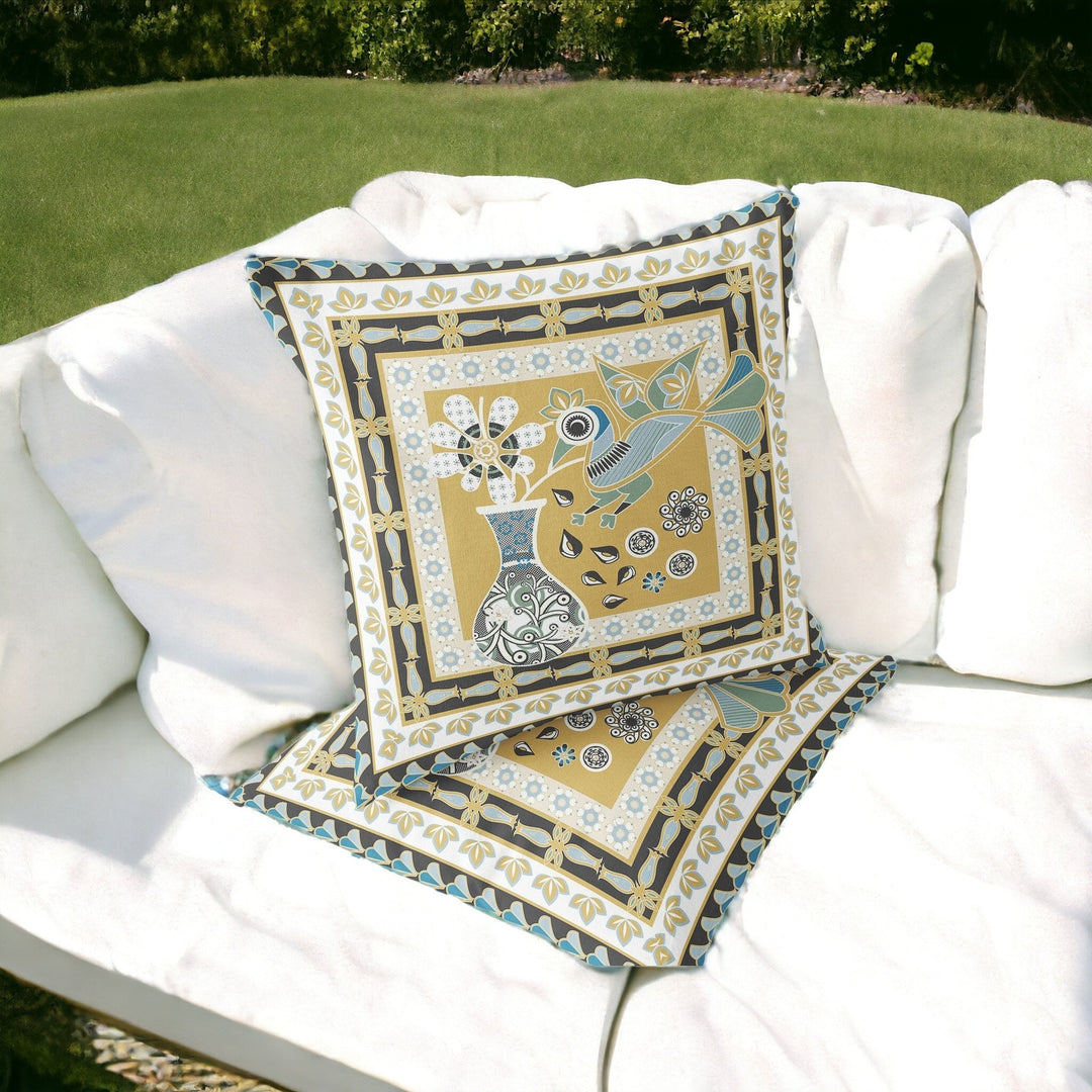 Set of Two 16" X 16" Beige and White Peacock Blown Seam Floral Indoor Outdoor Throw Pillow