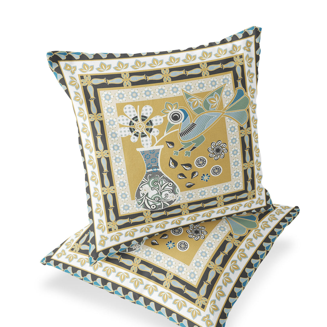 Set of Two 16" X 16" Beige and White Peacock Blown Seam Floral Indoor Outdoor Throw Pillow