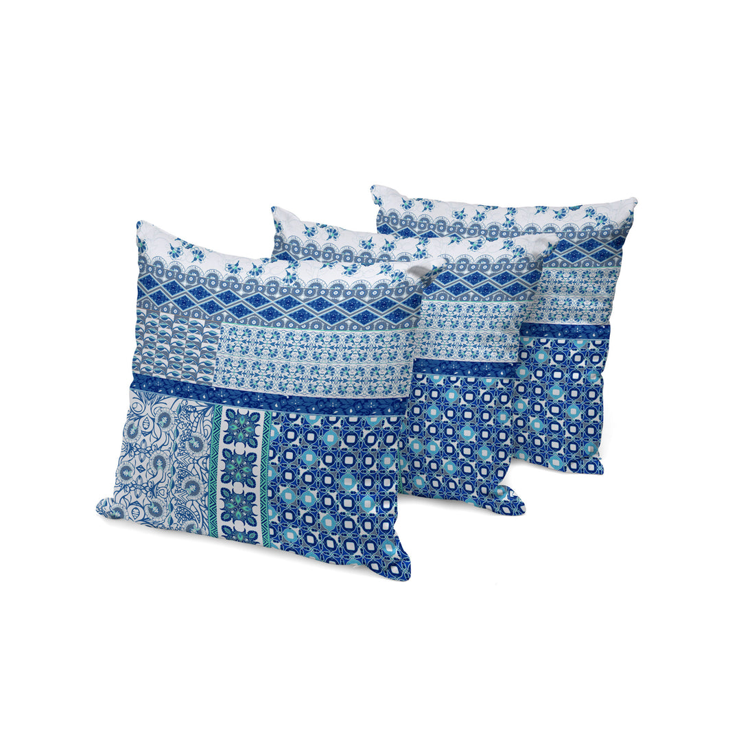 Set of Three 16" X 16" Blue and White Botanical Indoor Outdoor Throw Pillow