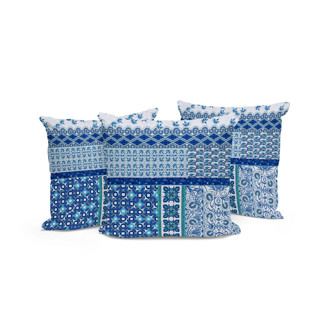 Set of Three 16" X 16" Blue and White Botanical Indoor Outdoor Throw Pillow