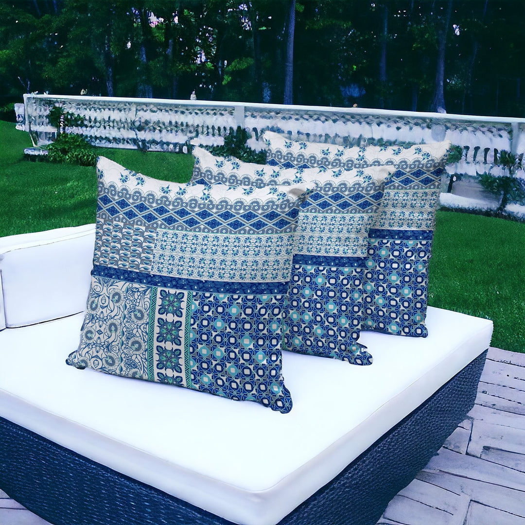 Set of Three 16" X 16" Blue and White Botanical Indoor Outdoor Throw Pillow