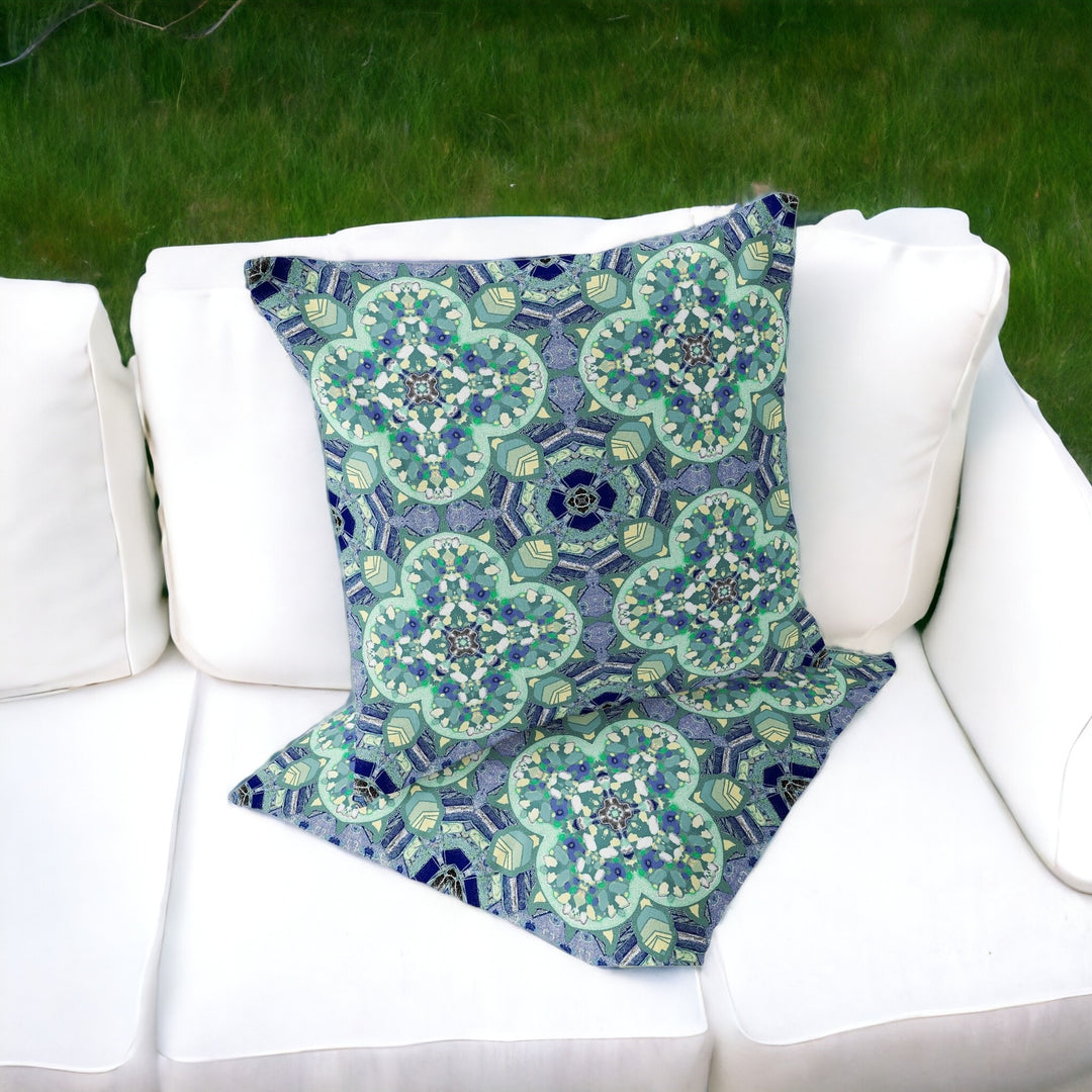 Set of Two 16" X 16" Blue and Green Blown Seam Floral Indoor Outdoor Throw Pillow