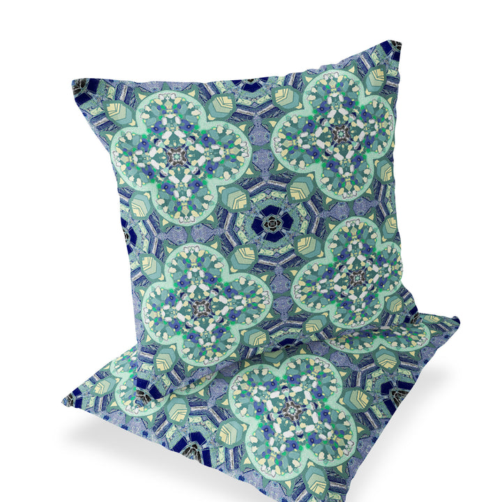 Set of Two 16" X 16" Blue and Green Blown Seam Floral Indoor Outdoor Throw Pillow