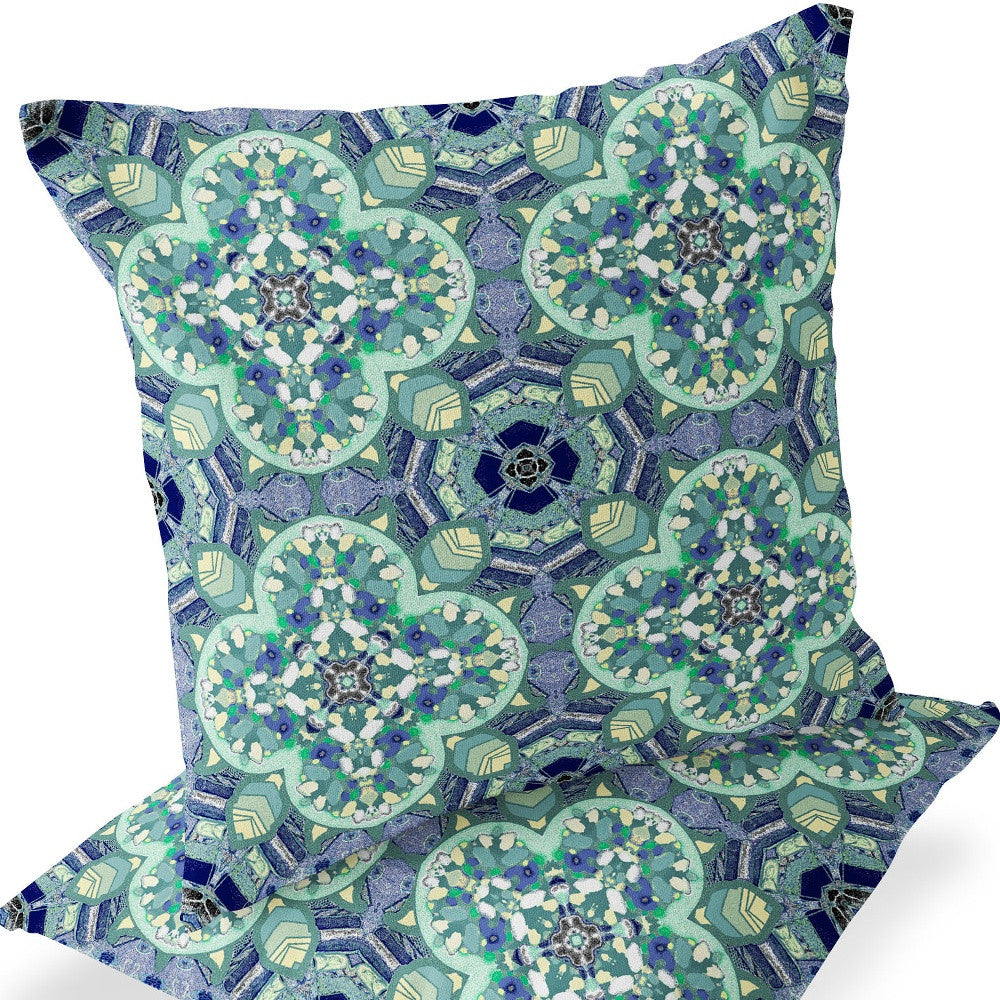 Set of Two 16" X 16" Blue and Green Blown Seam Floral Indoor Outdoor Throw Pillow