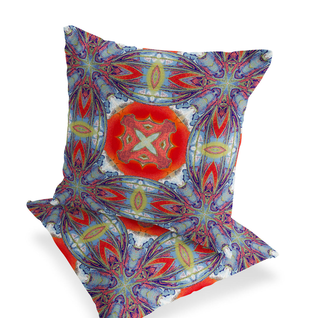 Set of Two 16" X 16" Blue and Orange Blown Seam Floral Indoor Outdoor Throw Pillow