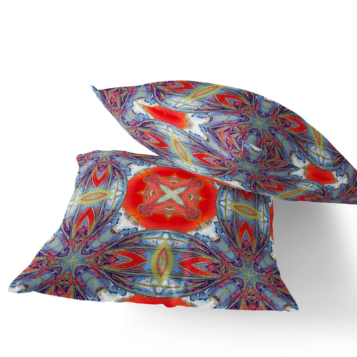 Set of Two 16" X 16" Blue and Orange Blown Seam Floral Indoor Outdoor Throw Pillow