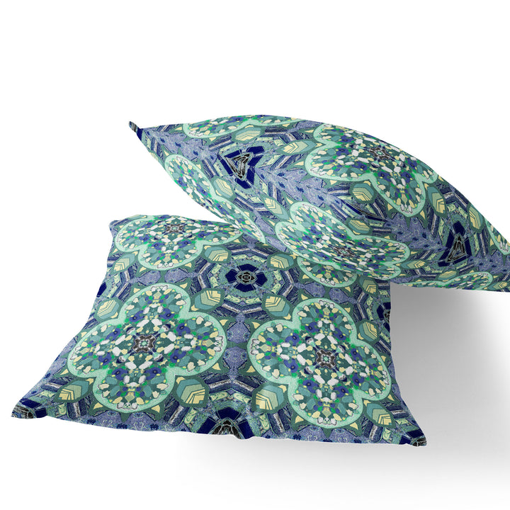 Set of Two 16" X 16" Blue and Green Blown Seam Floral Indoor Outdoor Throw Pillow