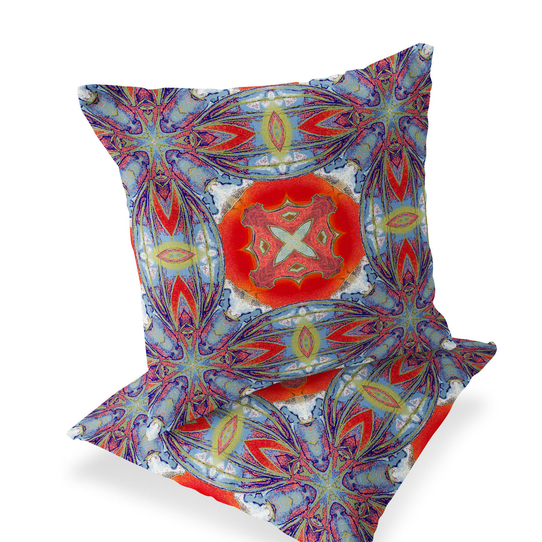 Set of Two 16" X 16" Blue and Orange Blown Seam Floral Indoor Outdoor Throw Pillow