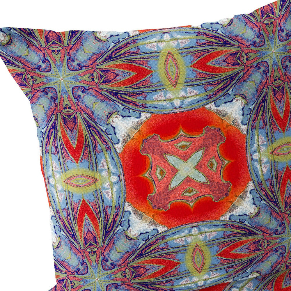 Set of Two 16" X 16" Blue and Orange Blown Seam Floral Indoor Outdoor Throw Pillow