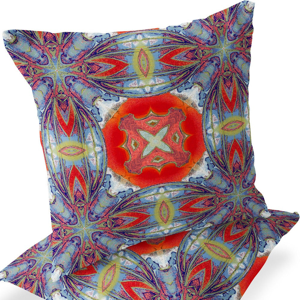 Set of Two 16" X 16" Blue and Orange Blown Seam Floral Indoor Outdoor Throw Pillow