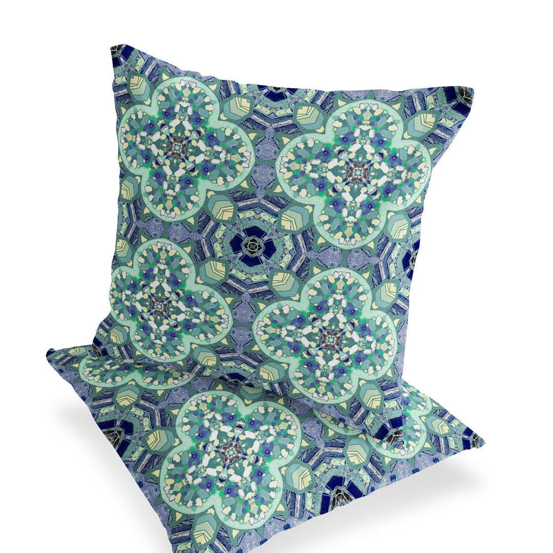 Set of Two 16" X 16" Blue and Green Blown Seam Floral Indoor Outdoor Throw Pillow