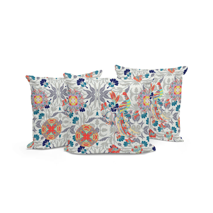 Set of Three 16" X 16" Orange and White Peacock Blown Seam Eclectic Indoor Outdoor Throw Pillow