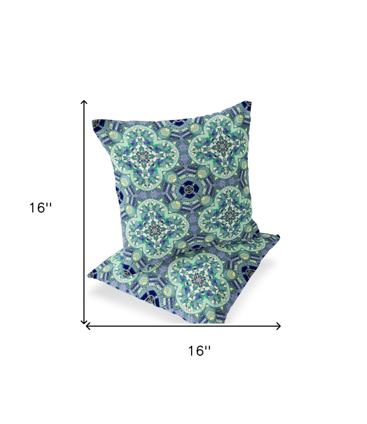 Set of Two 16" X 16" Blue and Green Blown Seam Floral Indoor Outdoor Throw Pillow