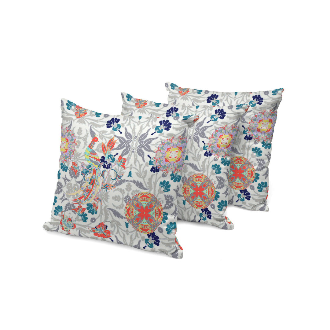 Set of Three 16" X 16" Orange and White Peacock Blown Seam Eclectic Indoor Outdoor Throw Pillow