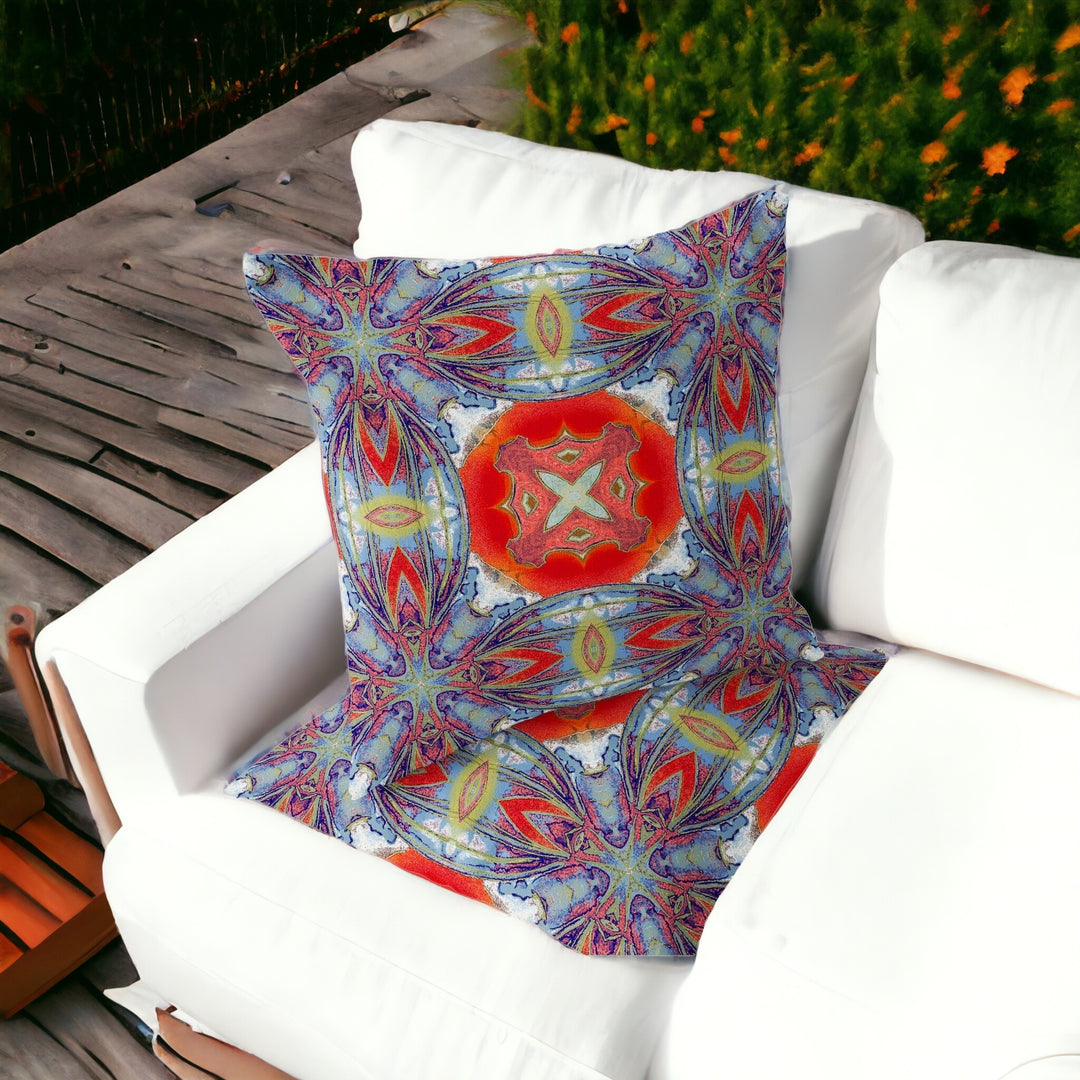 Set of Two 16" X 16" Blue and Orange Blown Seam Floral Indoor Outdoor Throw Pillow