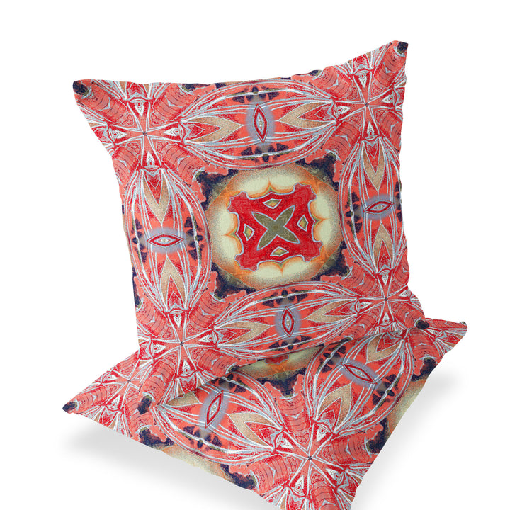 Set of Two 16" X 16" Red and Pink Blown Seam Floral Indoor Outdoor Throw Pillow