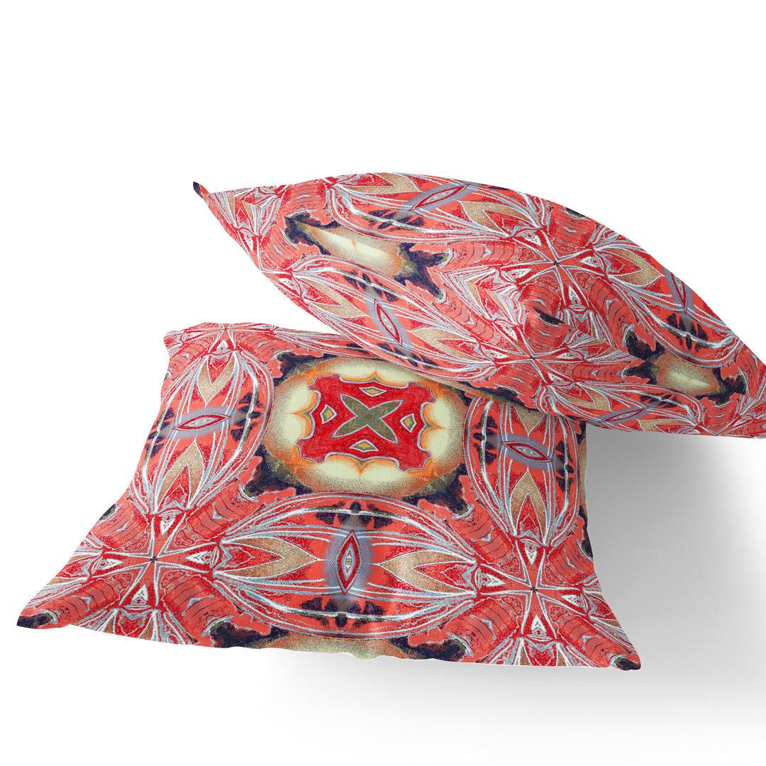 Set of Two 16" X 16" Red and Pink Blown Seam Floral Indoor Outdoor Throw Pillow