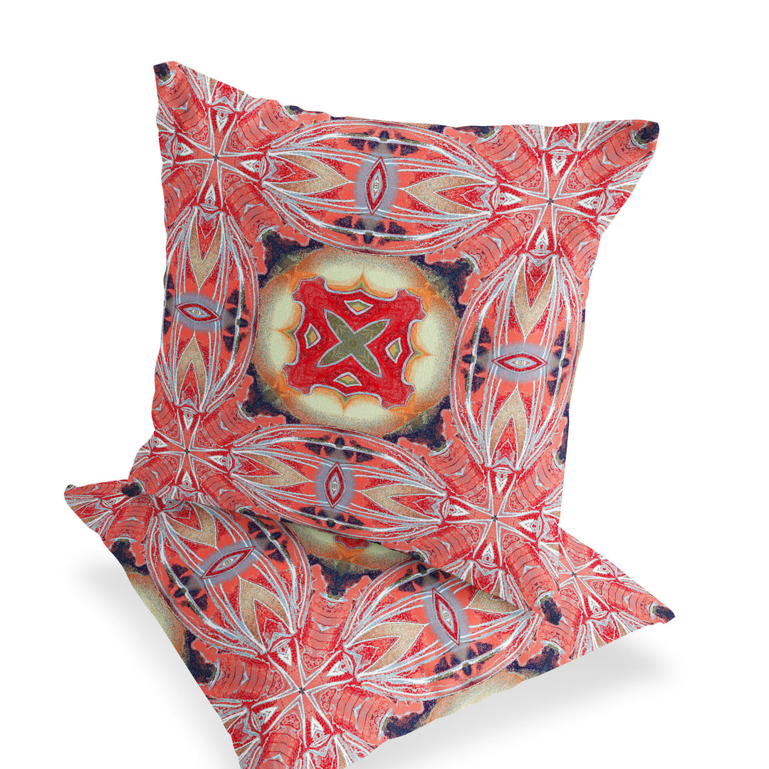 Set of Two 16" X 16" Red and Pink Blown Seam Floral Indoor Outdoor Throw Pillow