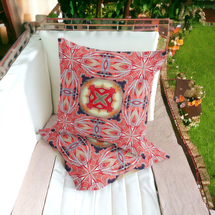 Set of Two 16" X 16" Red and Pink Blown Seam Floral Indoor Outdoor Throw Pillow