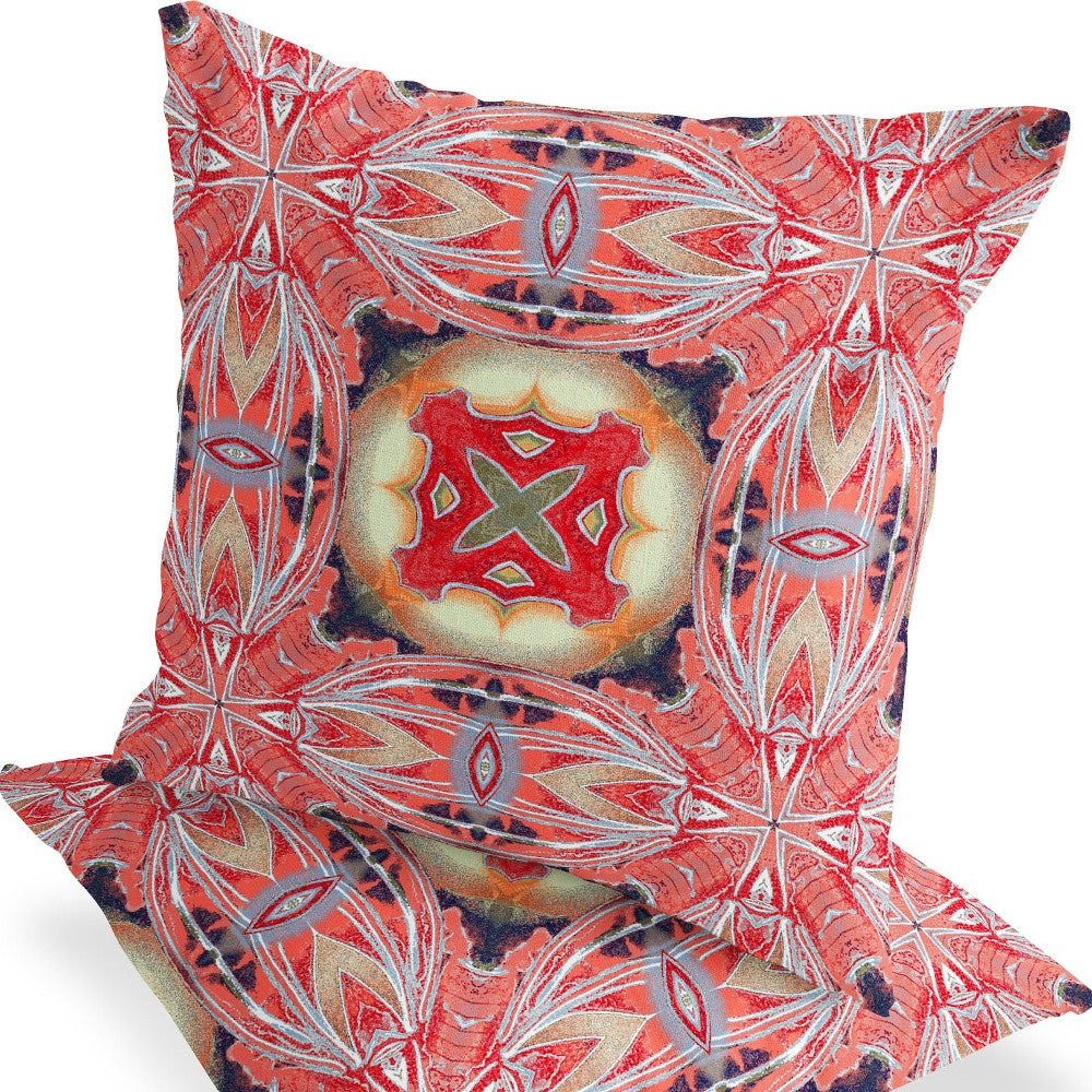 Set of Two 16" X 16" Red and Pink Blown Seam Floral Indoor Outdoor Throw Pillow