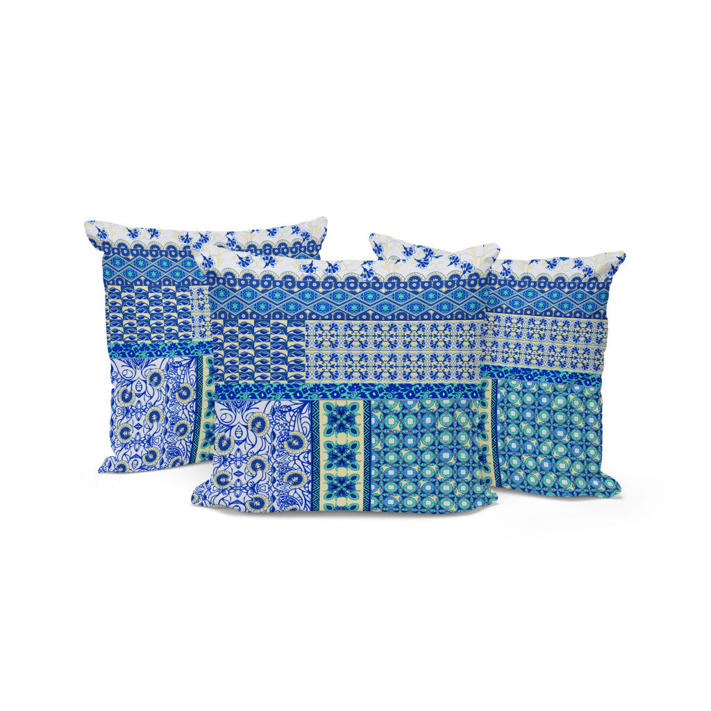 Set of Three 16" X 16" Blue and White Botanical Indoor Outdoor Throw Pillow