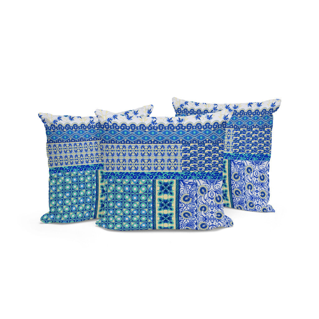 Set of Three 16" X 16" Blue and White Botanical Indoor Outdoor Throw Pillow