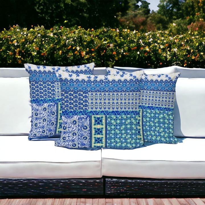 Set of Three 16" X 16" Blue and White Botanical Indoor Outdoor Throw Pillow