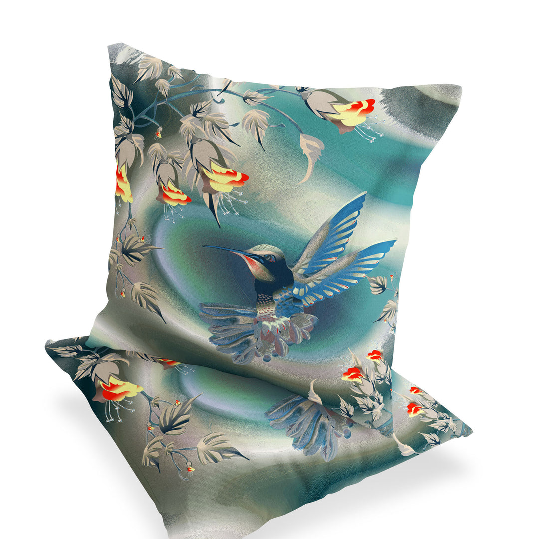 Set of Two 16" X 16" Turquoise Bird Blown Seam Indoor Outdoor Throw Pillow