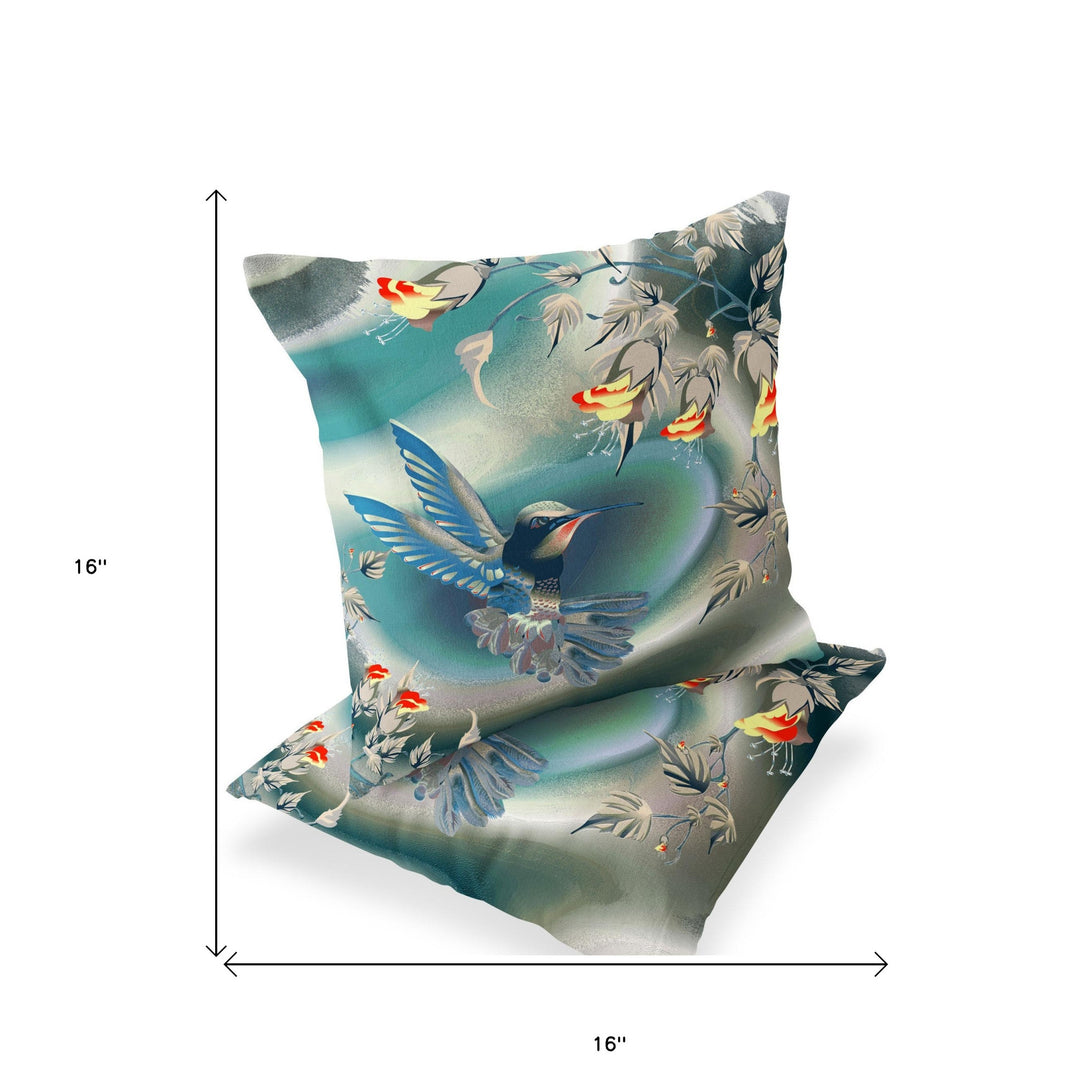 Set of Two 16" X 16" Turquoise Bird Blown Seam Indoor Outdoor Throw Pillow