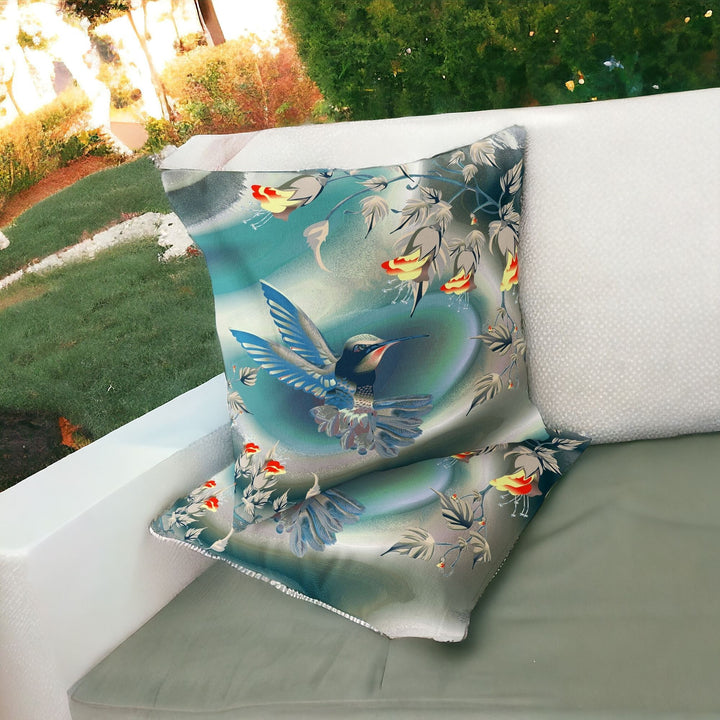 Set of Two 16" X 16" Turquoise Bird Blown Seam Indoor Outdoor Throw Pillow