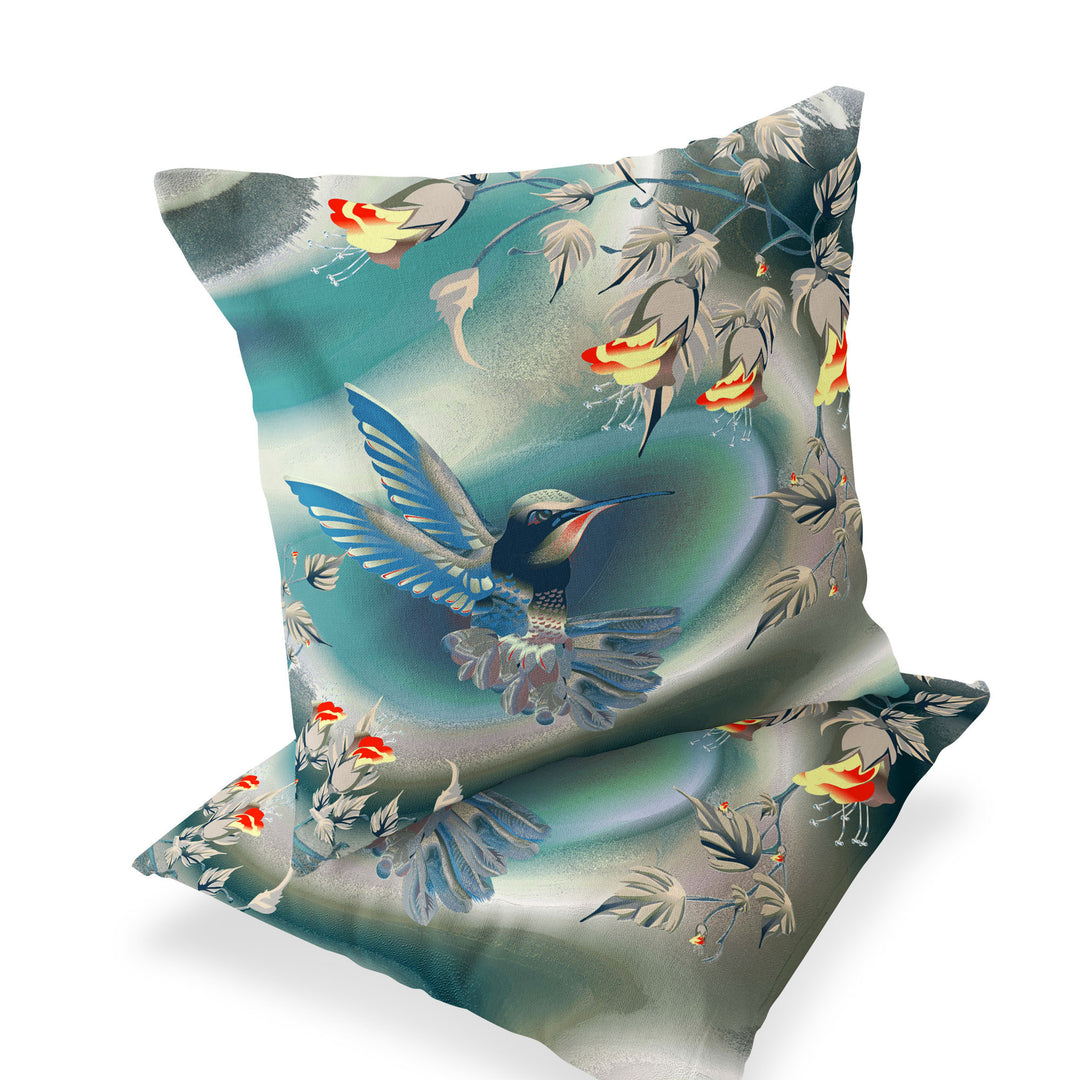 Set of Two 16" X 16" Turquoise Bird Blown Seam Indoor Outdoor Throw Pillow