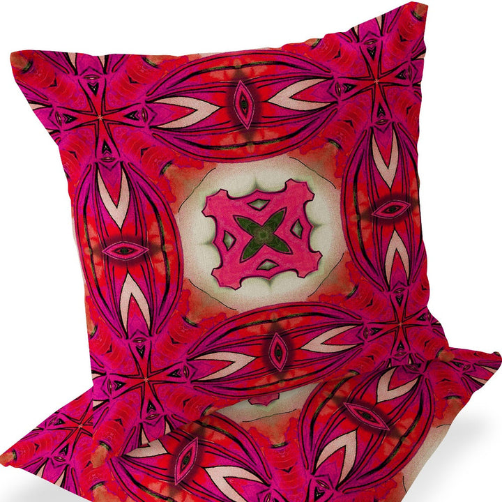 Set of Two 16" X 16" Red and Pink Blown Seam Floral Indoor Outdoor Throw Pillow